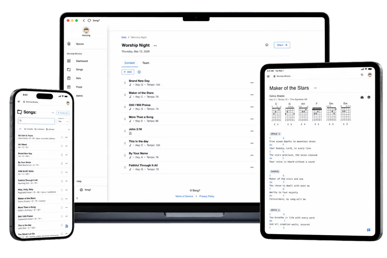 Song7 open on a phone, laptop and tablet — the song library, a Worship Night setlist, and a chord chart with guitar diagrams