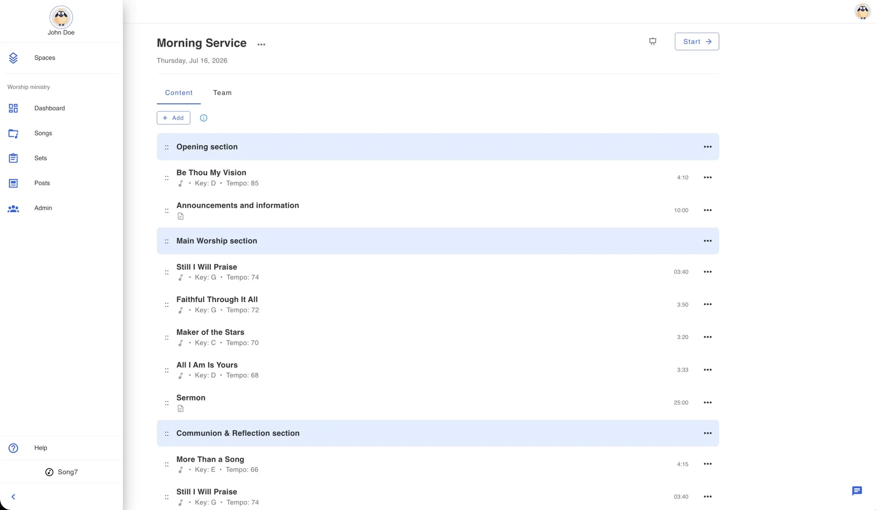 A Song7 setlist for a Morning Service organized into Opening, Main Worship, and Communion and Reflection sections, each song showing its key, tempo, and duration