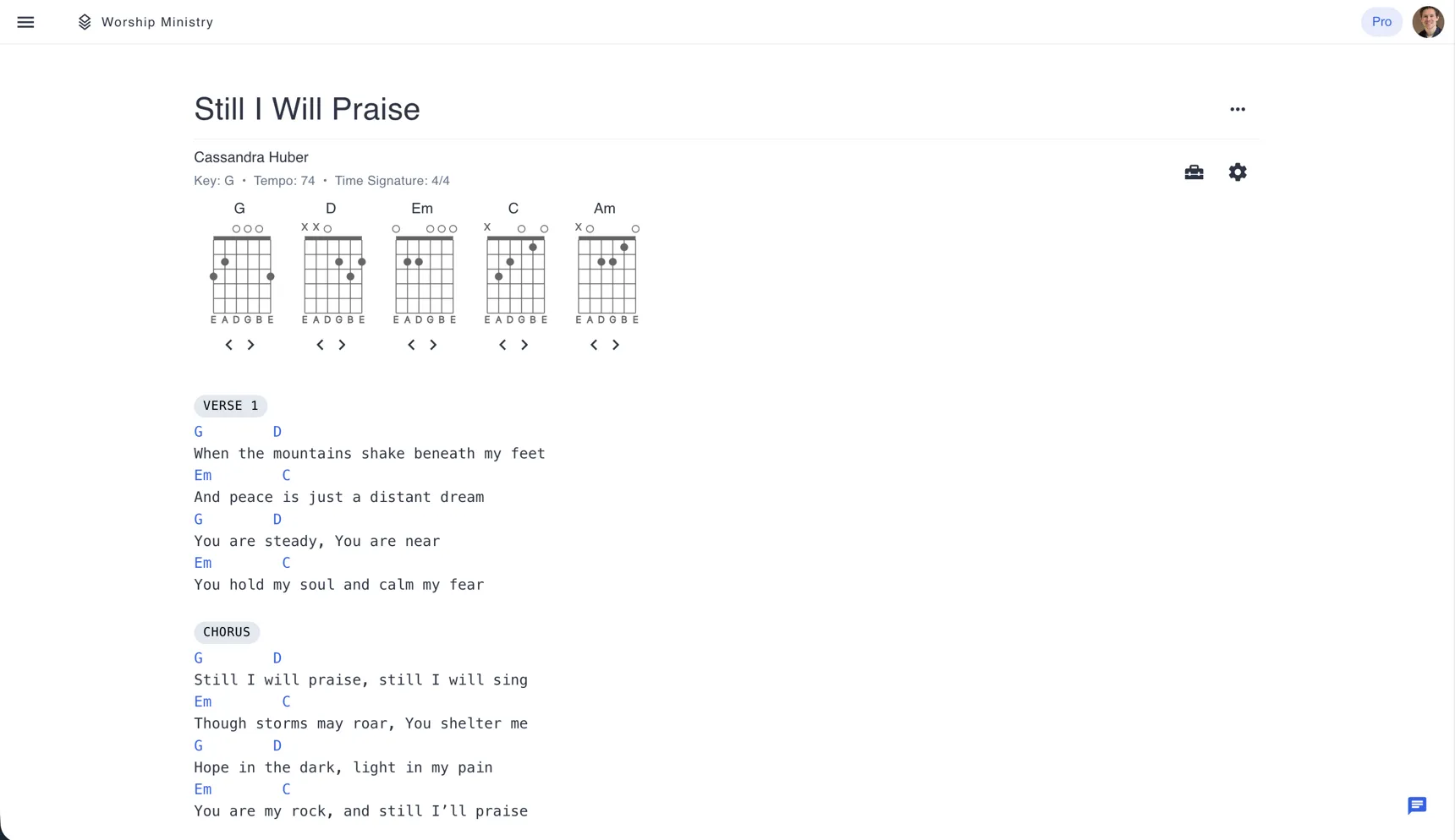 A worship song in Song7 showing Key G, tempo 74 and 4/4 time, with guitar chord diagrams for G, D, Em, C and Am above the chord chart