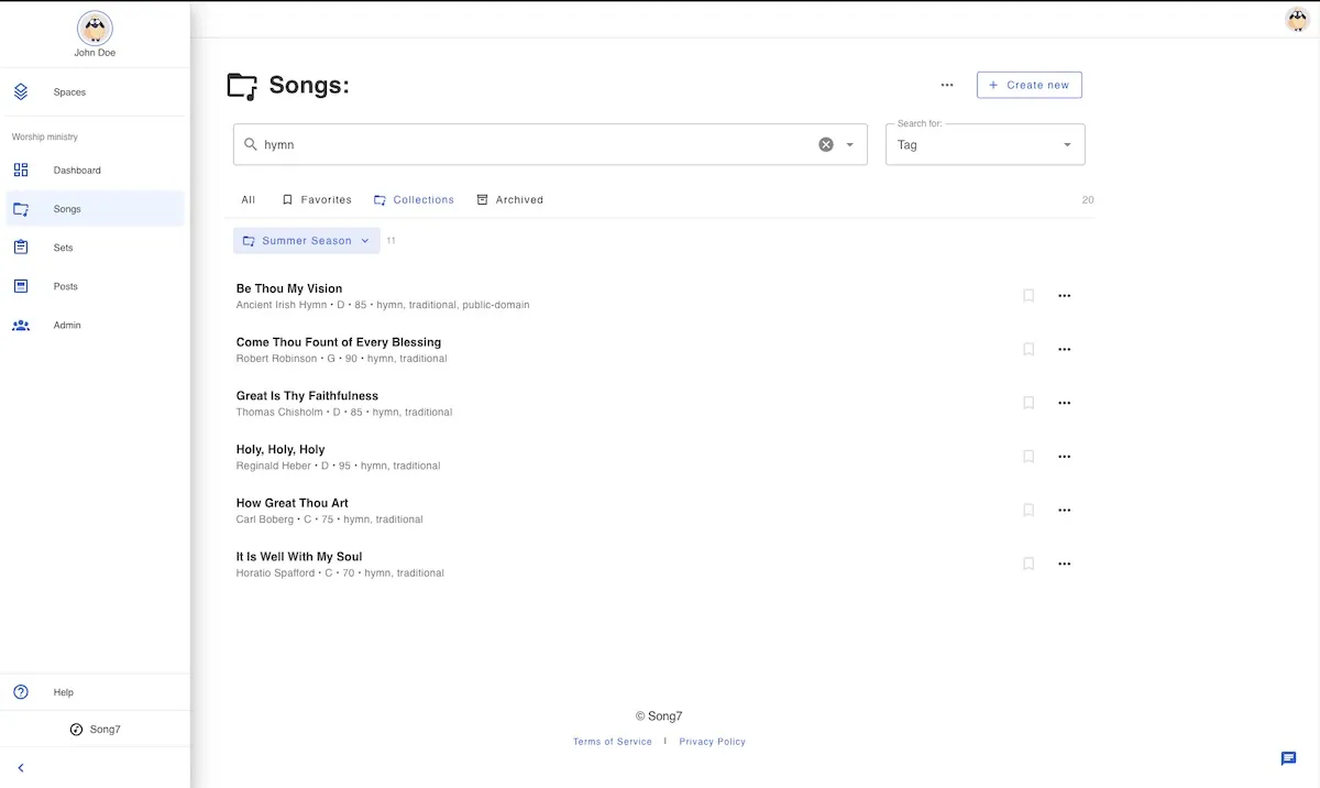 Song7 song library showing songs tagged hymn, traditional, and public-domain, filtered by a Summer Season collection