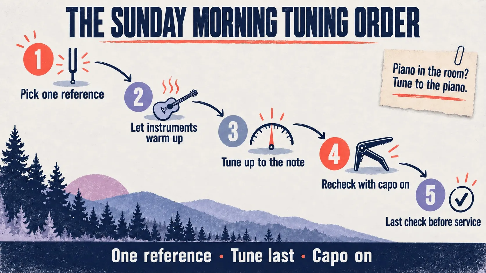 The Sunday morning tuning order: pick one reference, let instruments warm up, tune up to the note, recheck with the capo on, and a last check before the service