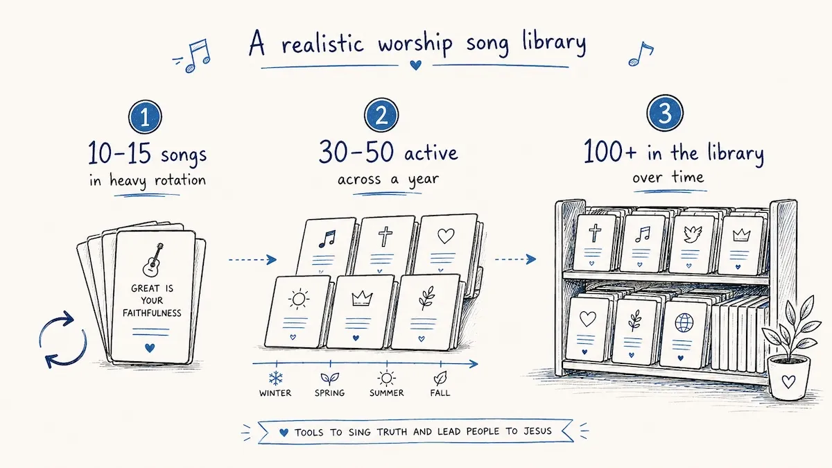 A realistic worship song library: 10-15 songs in heavy rotation, 30-50 active across a year, and 100+ in the library over time