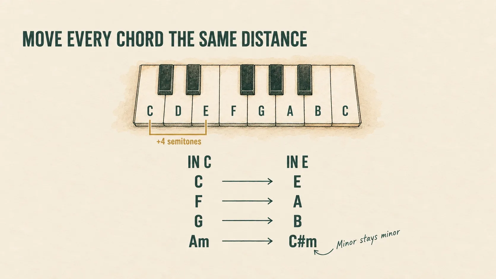 Moving every chord up four semitones from C to E: C becomes E, F becomes A, G becomes B, and Am becomes C-sharp minor. A piano keyboard shows the distance from C to E; minor chords stay minor.