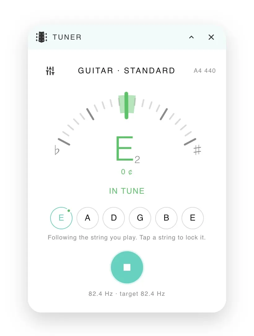 The Song7 tuner reading the low E string exactly in tune, with the E string marked as done